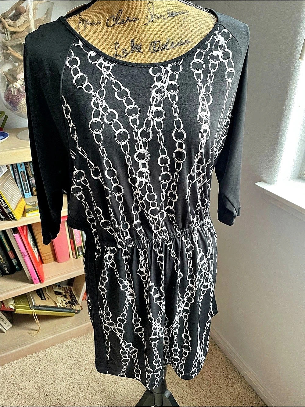 NWT Banana Republic Chain Print Long Sleeve Mini Dress in Black & White Size Pet